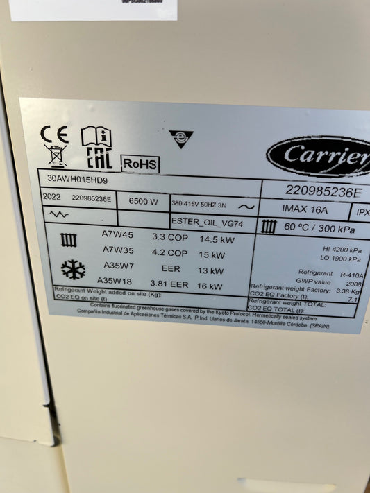 Luft-Wasser-Wärmepumpe NEU Carrier 15kW 30AWH015HD9 Monoblock, R410A.