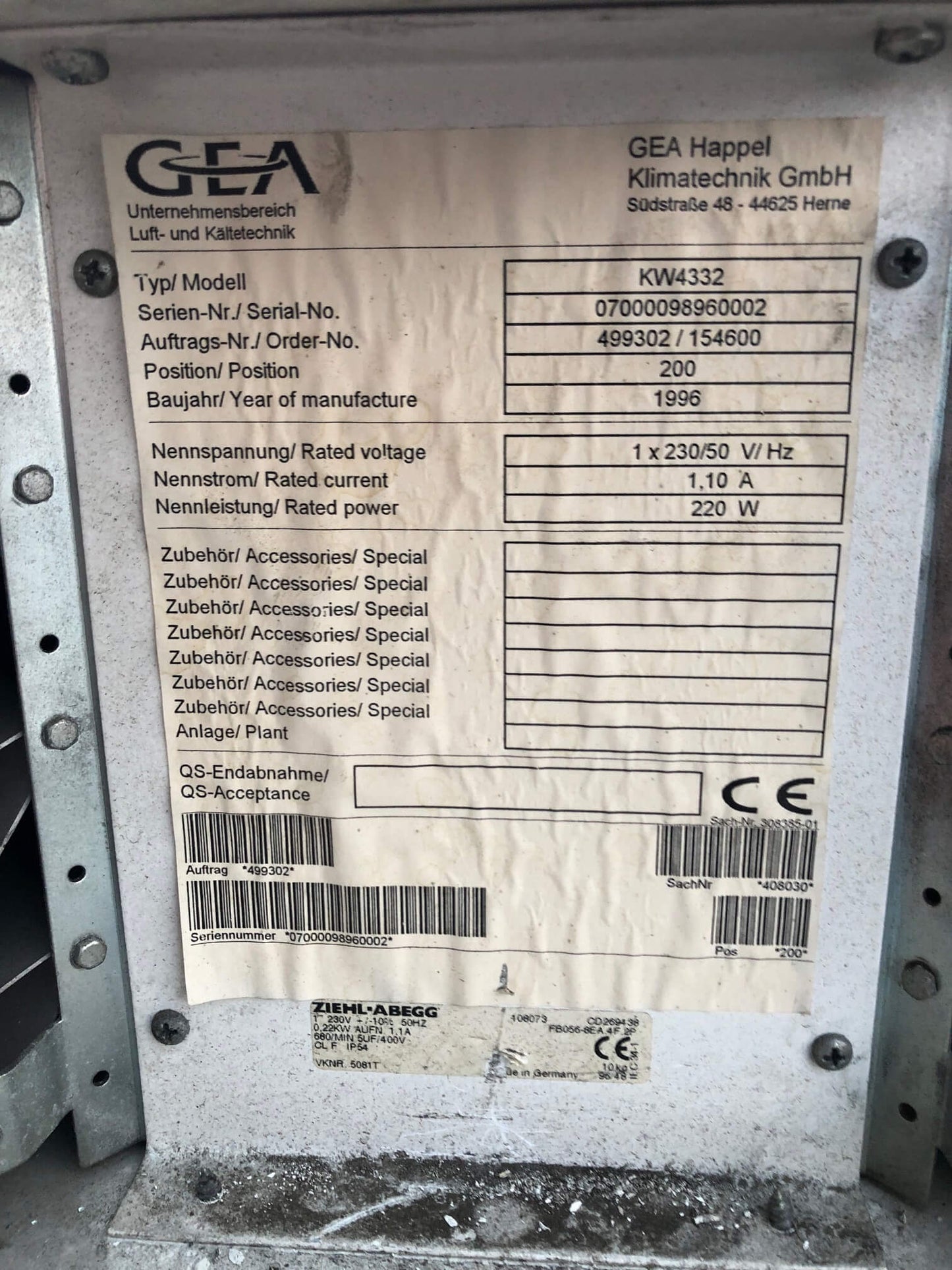 Heizgebläse Fabrikat GEA HAPPEL Type KW4334