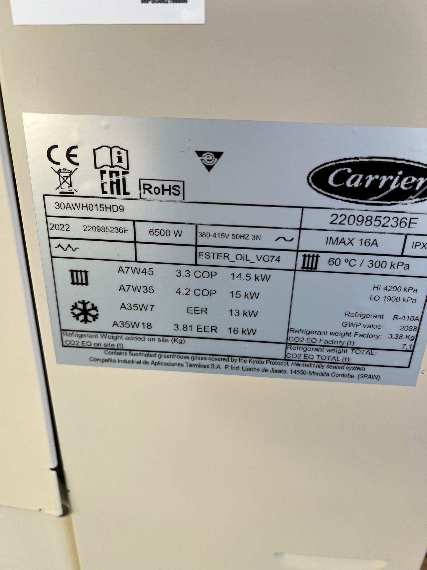 Luft-Wasser-Wärmepumpe NEU Carrier 15kW 30AWH015HD9 Monoblock, R410A.