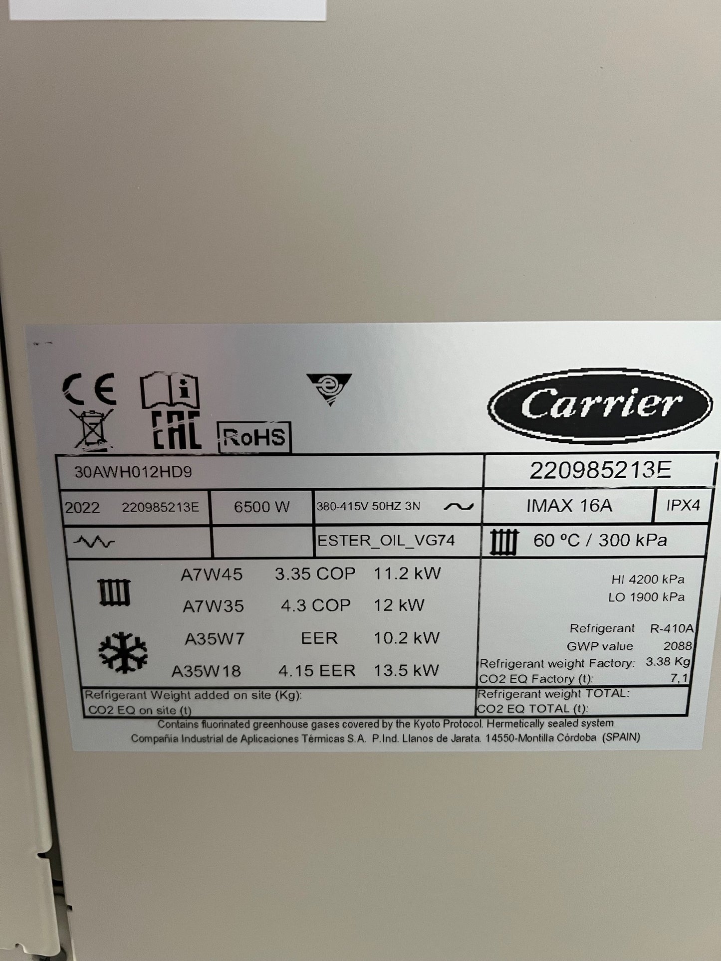 Luft-Wasser-Wärmepumpe NEU Carrier 12kW 30AWH012HD9 Monoblock, R410A.