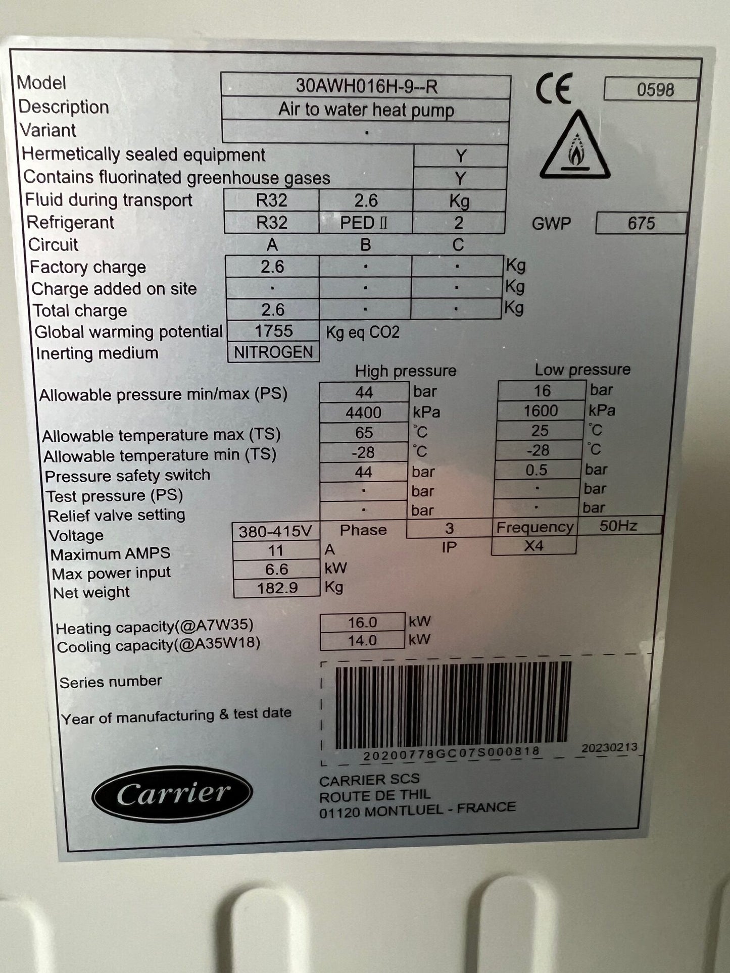 Wärmepumpe CARRIER Type 30AWH016H-9--R